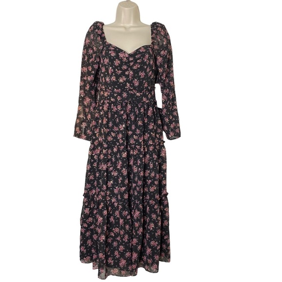 1. STATE | NWT Long Sleeve Midi Dress in Gold Foil Floral Chiffon Size 2/S - Picture 3 of 9